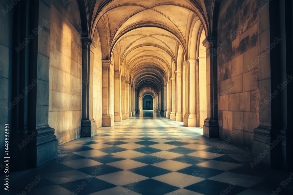 Long hallway with vaulted arches and checkered floor creates elegant architectural backdrop for visuals, A long hallway architecture Photo background Seamless ing time-lapse quality Long hallway with vaulted arches and checkered floor creates elegant architectural backdrop for visuals, A long hallway architecture Photo background Seamless ing time-lapse quality