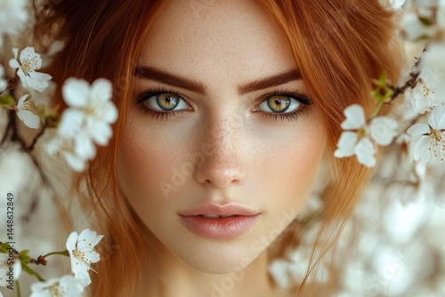 Obraz na płótnie Pretty caucasian young woman surrounded by cherry blossoms. Commercial marketing visual idea. Spring mood, dawn light and fog. Woman with flowers in vibrant spring setting. w salonie