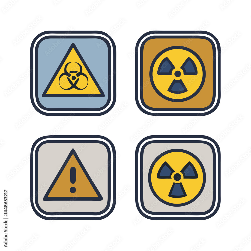 Hazard warning icons, biohazard and radiation symbols, vector illustration, safety signage Hazard warning icons, biohazard and radiation symbols, vector illustration, safety signage