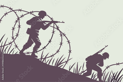 16 Silhouettes of toy soldiers, barbed wire in foreground, blurred nature background, dark and moody atmosphere, shallow depth of field, miniature war scene, dramatic lighting, muted colors, gritty te