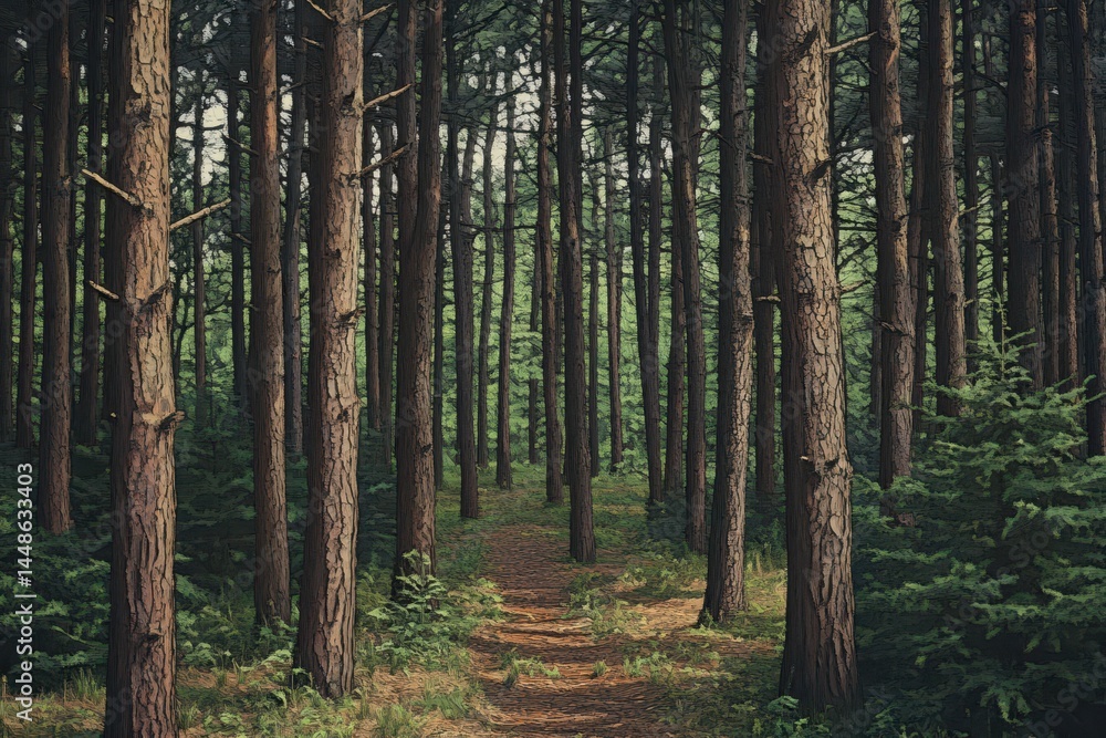 Obraz premium Explore the tranquility of a forest pathway surrounded by towering trees and lush greenery, forest in the woods