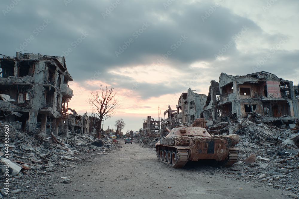Destroyed city buildings surround a World War era tank while smoke billows from a fire in the background. Destroyed city buildings surround a World War era tank while smoke billows from a fire in the background.