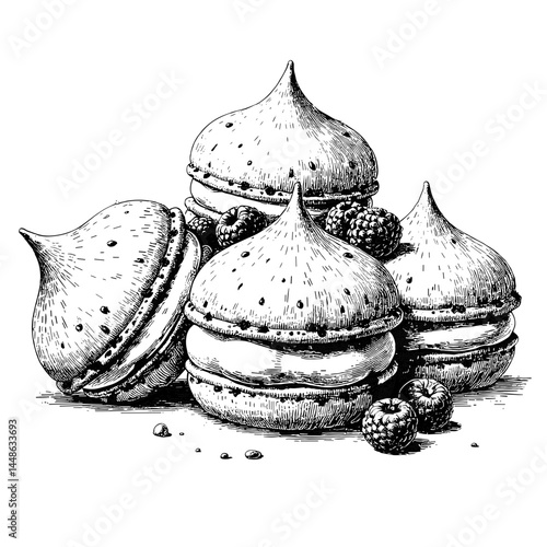 Vintage black and white sketch of profiteroles with berry cream filling, detailed illustration on white background, perfect for culinary blogs and dessert presentations