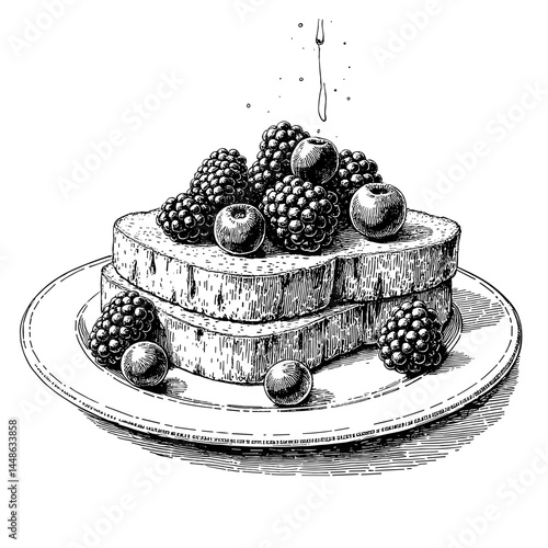 Vintage sketch of honey toast topped with fresh berries, culinary delight on white background, perfect for food blogs and recipe websites