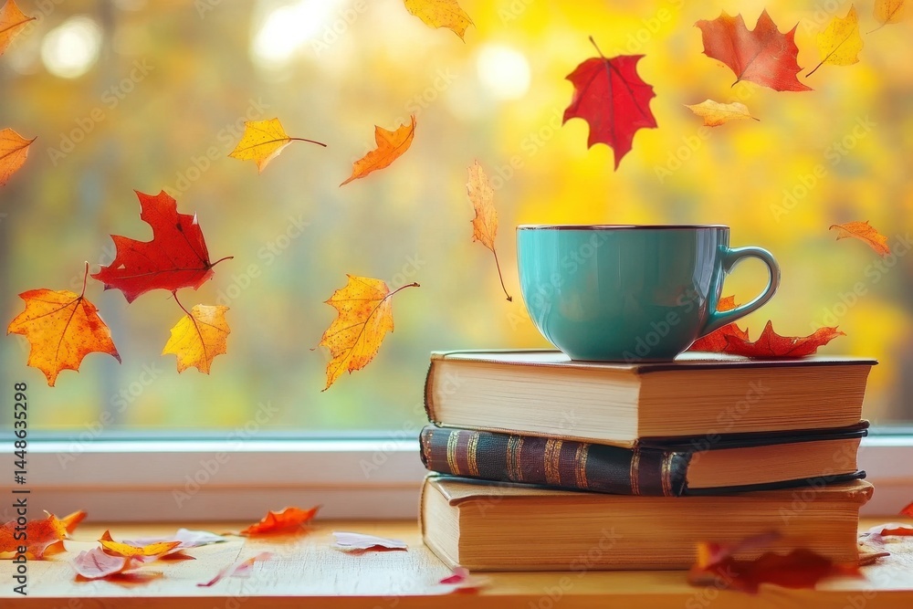 Cozy autumn vibes with books and coffee cup set against falling leaves, Books and coffee cup against falling autumn leaves and bright background