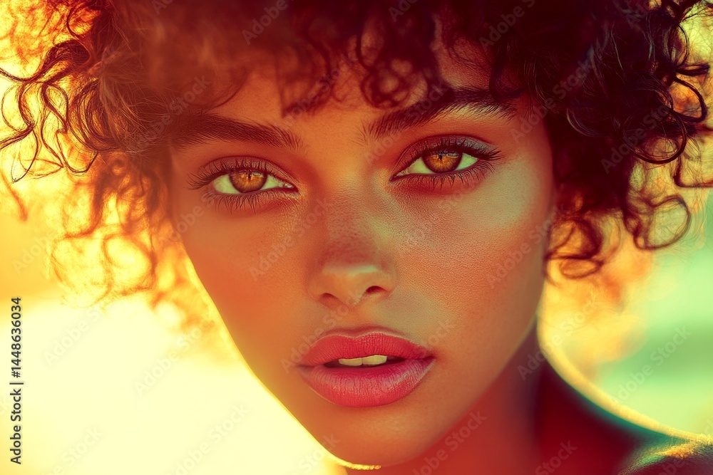 Short haircut - curly hair. Attractive calm mixed-race girl - for ads, billboard and social internet marketing ad use. Commercial commercial conceptual art. Black beauty look. Short hair look.