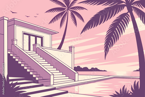 18 Tropical paradise, symmetrical white staircase, infinity pool reflection, pastel sunset sky, palm trees silhouettes, dreamy atmosphere, architectural elegance, serene waters, minimalist design, sur