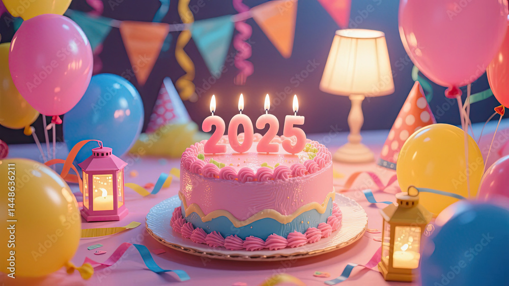 Playful New Year 2025 cake with colorful frosting, candy stars,celebration Playful New Year 2025 cake with colorful frosting, candy stars,celebration