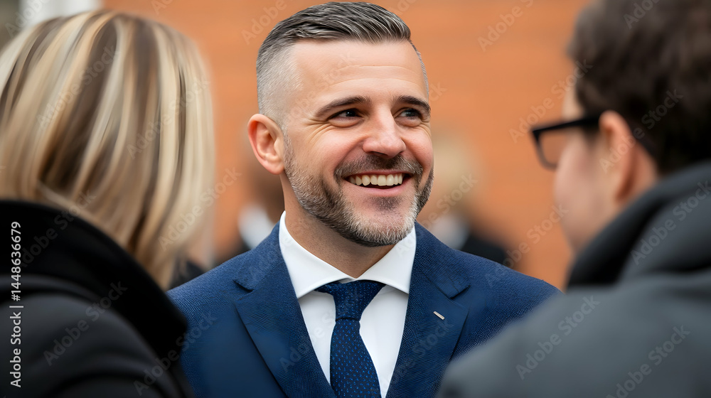 Professional Man Engaged in Dynamic Conversation with Colleagues Outdoor Professional Man Engaged in Dynamic Conversation with Colleagues Outdoor