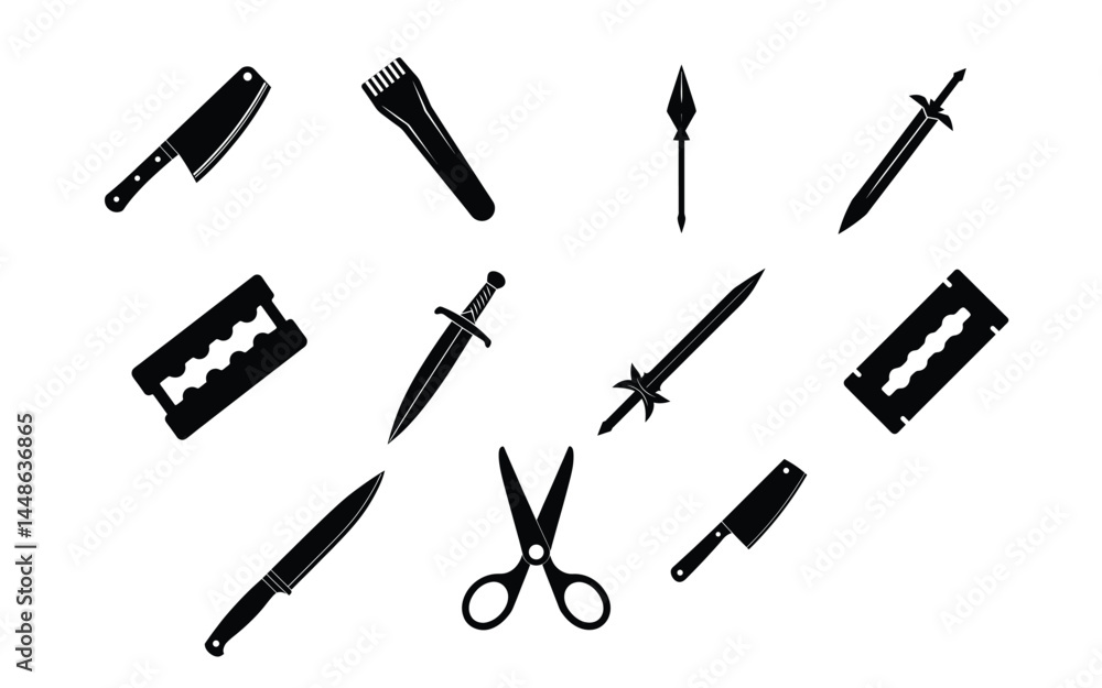 Sharp Weapon Silhouette Vector Bundle & set– Knife, Sword, Blade, Axe, and Dagger Set for Combat and Fantasy Design Sharp Weapon Silhouette Vector Bundle & set– Knife, Sword, Blade, Axe, and Dagger Set for Combat and Fantasy Design