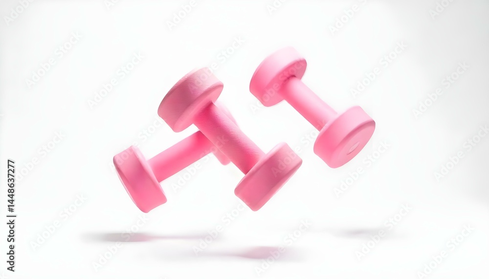 pink bright dumbbells flying in air on white background with copy space pink bright dumbbells flying in air on white background with copy space