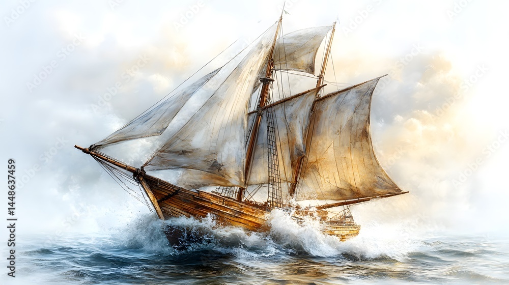 Fototapeta premium Classic wooden sailboat cruising with full sails