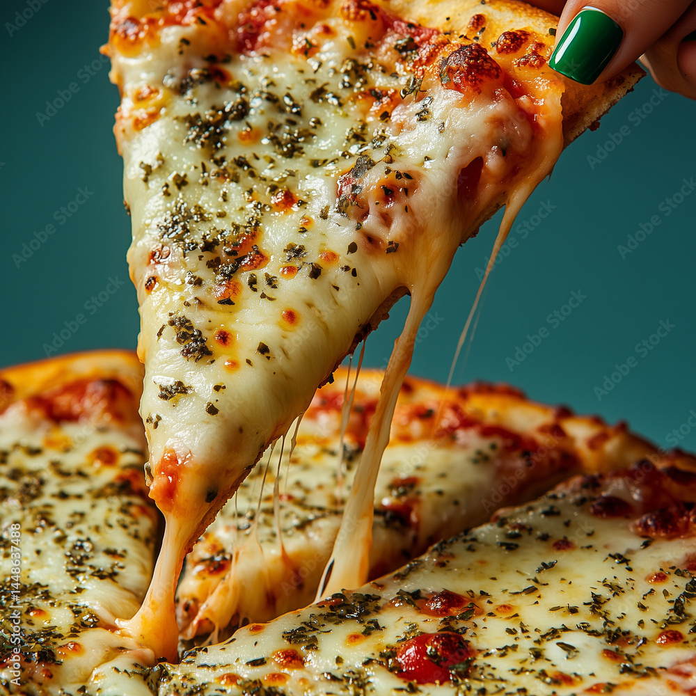 Close-up de uma mão com esmalte verde levantando uma fatia de pizza com queijo derretido e elástico, crosta crocante e cobertura brilhante. Fundo ciano, contraste alto, luz comercial