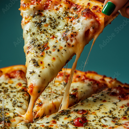Obraz na płótnie Close-up de uma mão com esmalte verde levantando uma fatia de pizza com queijo derretido e elástico, crosta crocante e cobertura brilhante. Fundo ciano, contraste alto, luz comercial w salonie
