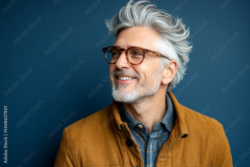 Idea of style for aging men. Blue solid background. A middle-aged man looking happy and relaxed. Elegant men's mid fade haircut - midlife white man with grey hair.