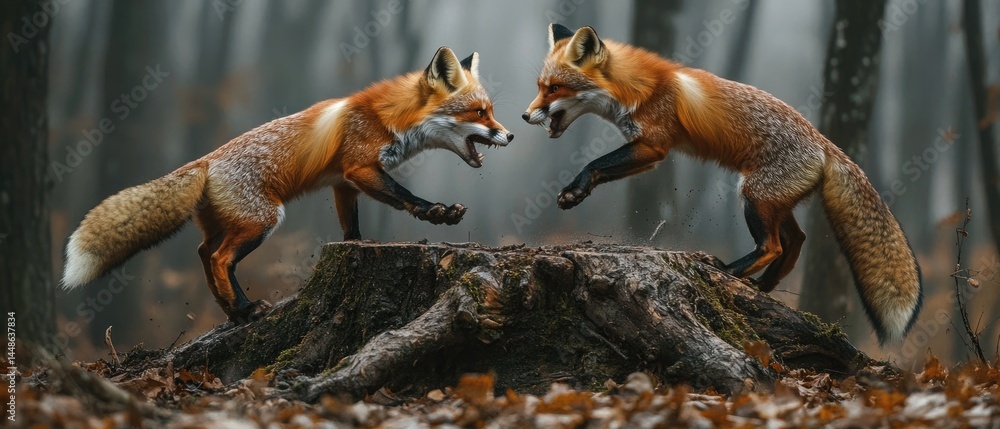 Fototapeta premium Two red foxes face off on a tree stump in a misty forest.