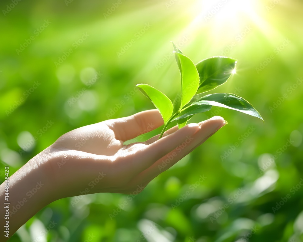Woman's Hand Holding Fresh Green Tea Leaves Sunlight Woman's Hand Holding Fresh Green Tea Leaves Sunlight