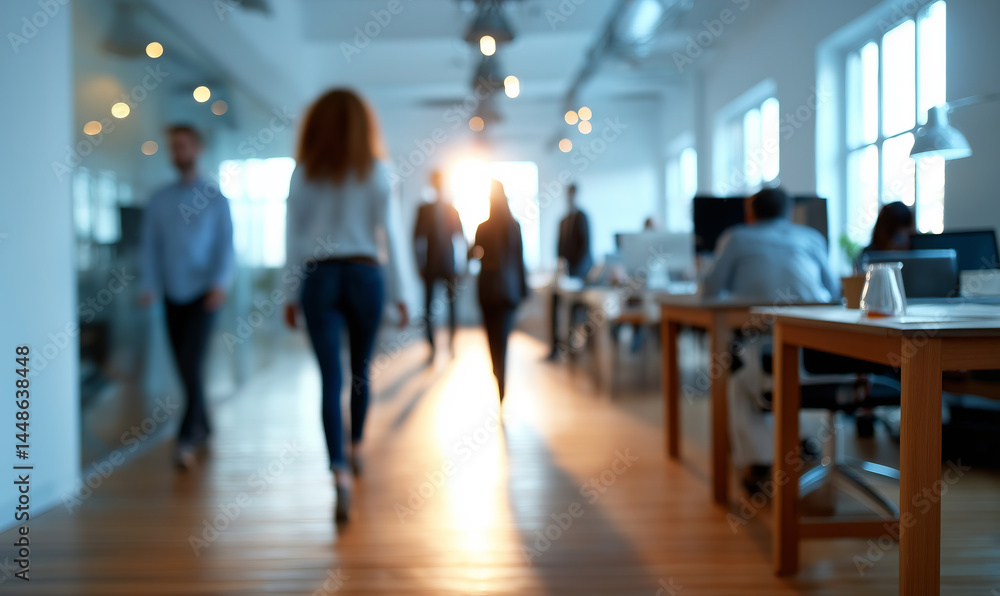 Blurred image of professionals walking and working in a sunlit modern office with wood flooring, open layout, and a collaborative work environment Blurred image of professionals walking and working in a sunlit modern office with wood flooring, open layout, and a collaborative work environment