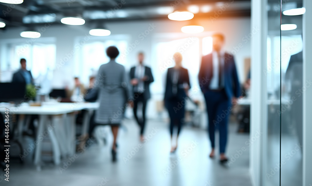 Blurred professionals walking and conversing in a bright, modern open-plan office with desks, ceiling lights, and large windows in a collaborative setting Blurred professionals walking and conversing in a bright, modern open-plan office with desks, ceiling lights, and large windows in a collaborative setting