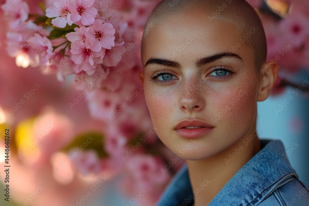 Commercial ad drawing. Gorgeous caucasian young woman surrounded by cherry blossoms. Spring mood, golden hour in sunset. Woman inhaling floral aroma in spring. Woman in a lively flower garden.