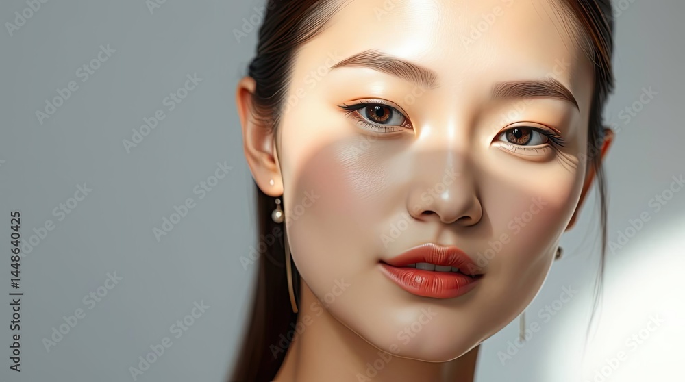 Fototapeta premium Sunlit Portrait: A Woman's Serene Face, Soft Light, Elegant Style