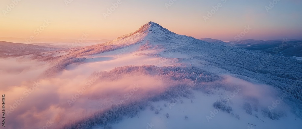 Fototapeta premium A snowy mountain peak emerges from the clouds at sunrise, casting a soft glow over the landscape.