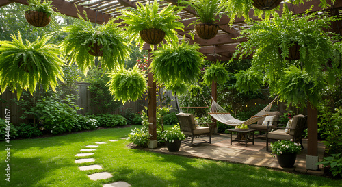 Green Oasis Backyard With Pergola and Hammock For Relaxation