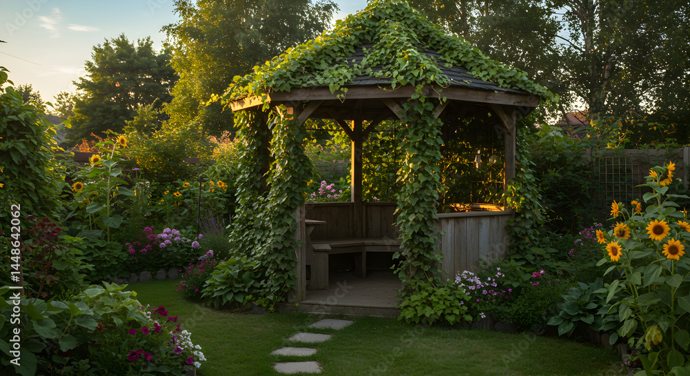 Naklejka premium Enchanting Garden Gazebo Retreat Amidst Blossoming Flora And Lush Greenery