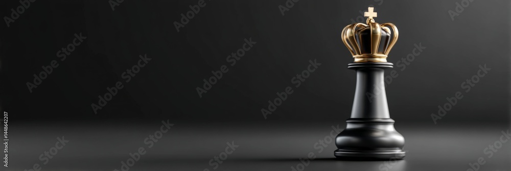 Obraz premium Black chess king with a golden crown. The concept of this image is a symbol of power, strategy and leadership, authority, victory or strategic thinking in different contexts. With space for text.