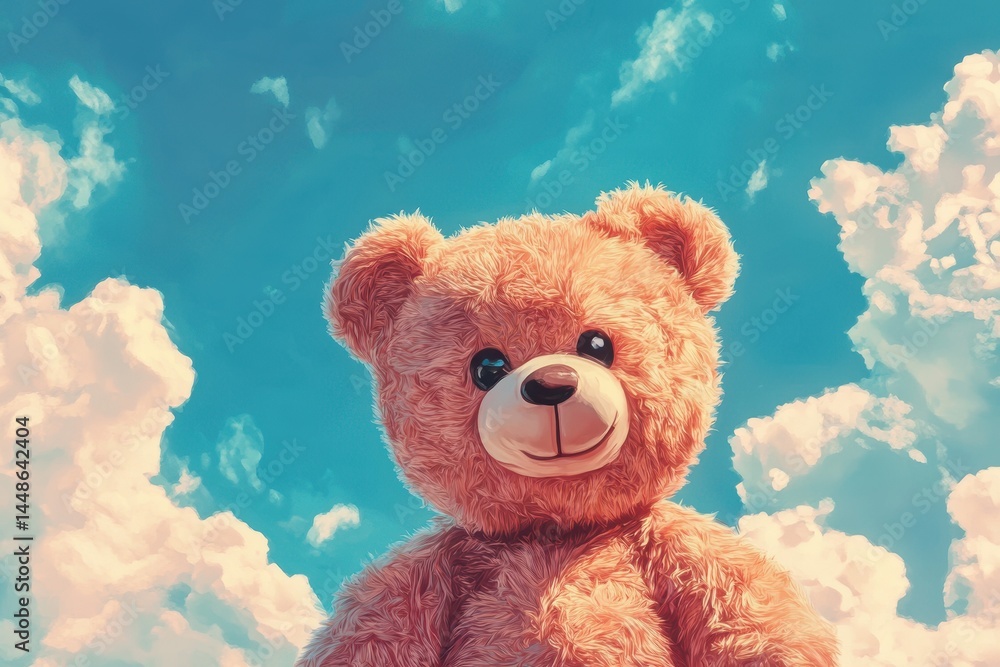 Cute cartoon teddy bear against a bright blue sky with fluffy clouds, Film style bold cartoon cute teddy bear, sky background Cute cartoon teddy bear against a bright blue sky with fluffy clouds, Film style bold cartoon cute teddy bear, sky background
