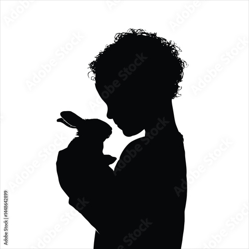 Curly-Haired Figure Holding Bunny Silhouette