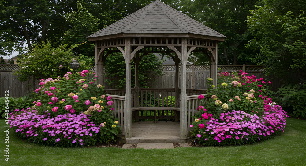 Obraz premium Romantic Getaway Gazebo With Colorful Flowerbeds In A Lush Garden Setting