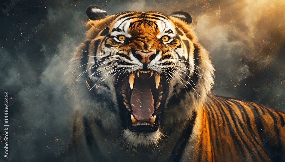Naklejka premium Tiger roaring in dust and smoke