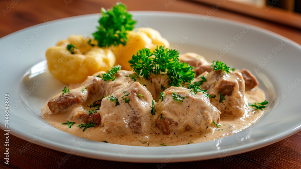 Creamy beef stew with mashed potatoes garnished with parsley on a white plate. Creamy beef stew with mashed potatoes garnished with parsley on a white plate.