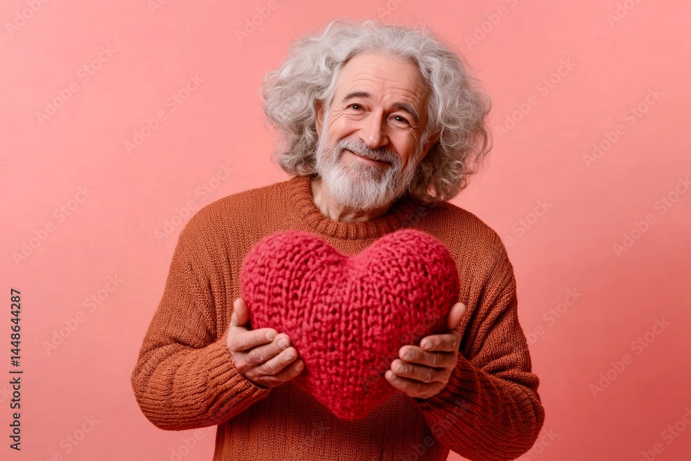 Cute Valentine's Day greeting. Professional studio image, copy space. Isolated white old man on pink background with knitted heart in hands.