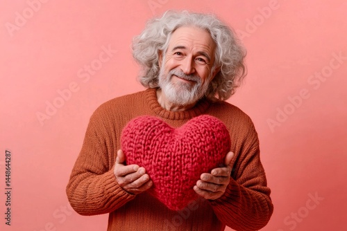 Obraz na płótnie Cute Valentine's Day greeting. Professional studio image, copy space. Isolated white old man on pink background with knitted heart in hands. w salonie