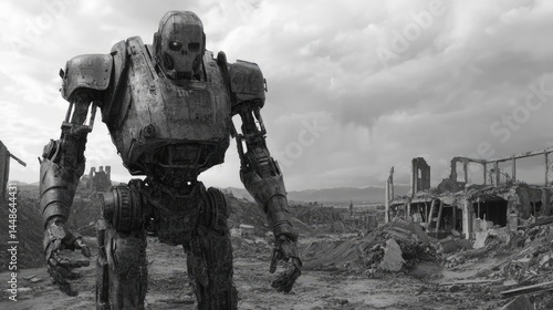 A giant, imposing robot stands amidst the ruins of a destroyed city, its skeletal face a haunting reminder of a forgotten past.