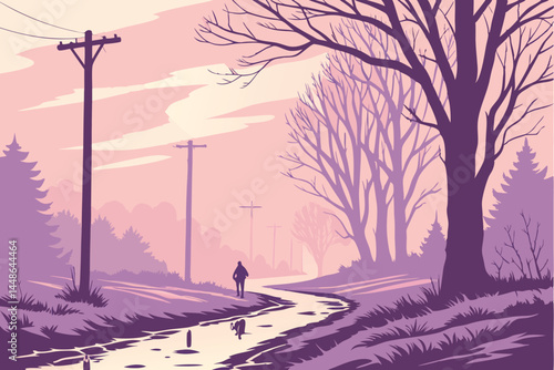 22 Ethereal winter landscape, pink and purple sky, bare trees, snowy road, telephone poles, reflective puddles, magical atmosphere, dreamlike scenery, soft pastel colors, misty air, lone figure in dis