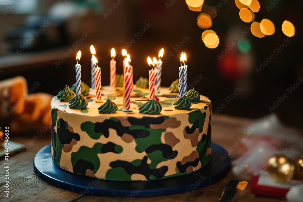 Birthday celebration with camouflage cake and candles on a festive table, Birthday cake with candles and military camouflage pattern on table against festive background