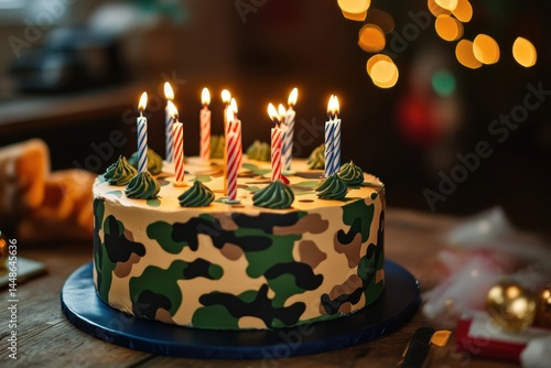 Obraz na płótnie Birthday celebration with camouflage cake and candles on a festive table, Birthday cake with candles and military camouflage pattern on table against festive background w salonie