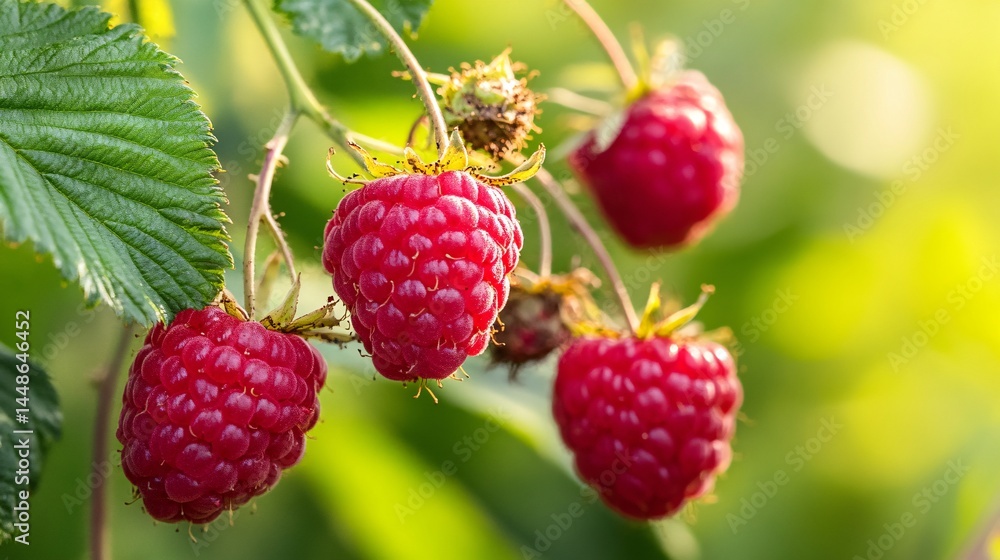Fresh and Juicy Red Raspberries Resting Gracefully on Green Canes Fresh and Juicy Red Raspberries Resting Gracefully on Green Canes