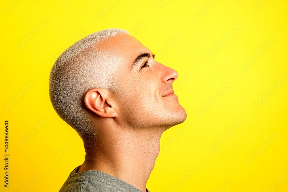 Idea of style for aging men. Elegant men's buzz cut haircut - midlife white man with white hair. A relaxed man looking serene in his portrait. Yellow solid background.