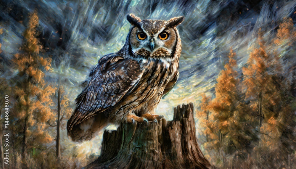 Owl on autumn stump Owl on autumn stump