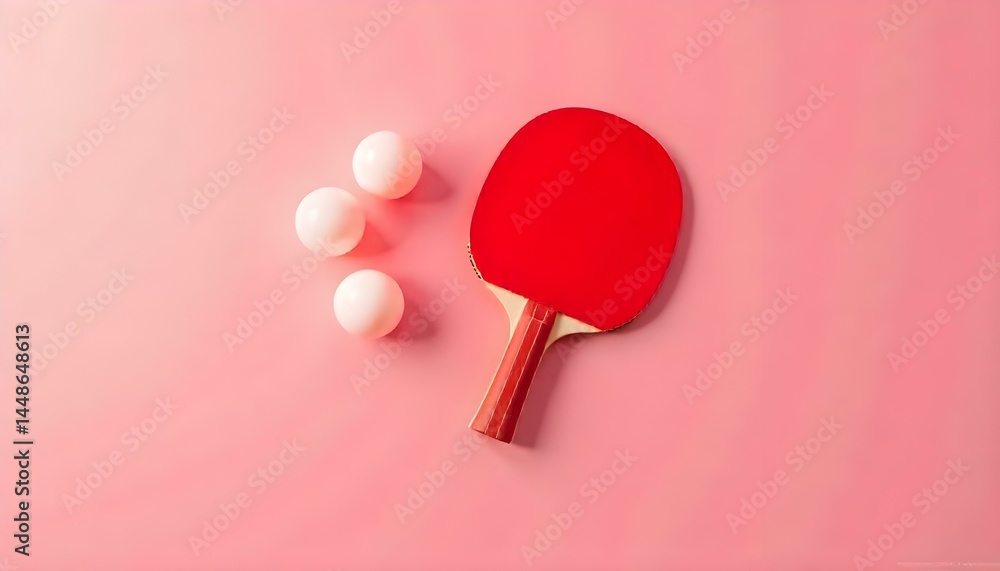 ping-pong racket and white balls on pink background with copy space ping-pong racket and white balls on pink background with copy space