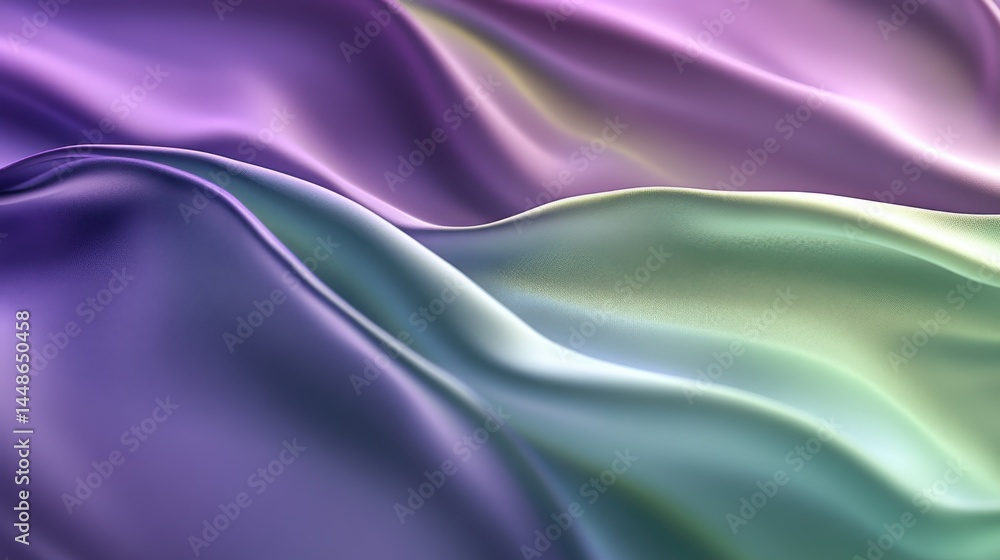 Obraz premium A 4K photo of luxurious purple and green silk satin fabric with gentle folds, creating a gradient effect. The shiny surface adds depth and elegance, offering a smooth.