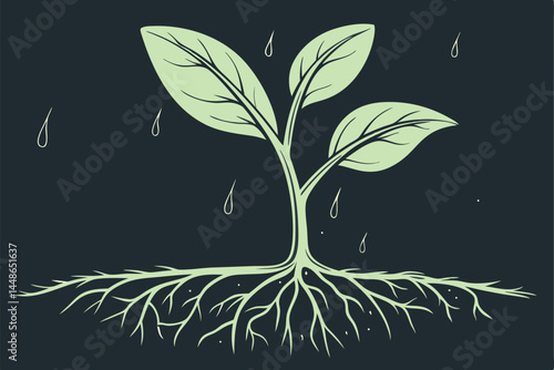 25 Macro photography, vibrant green plant seedling, intricate root system exposed, dark background, water droplets, high contrast, detailed texture, hydroponic growth, botanical study, shallow depth o
