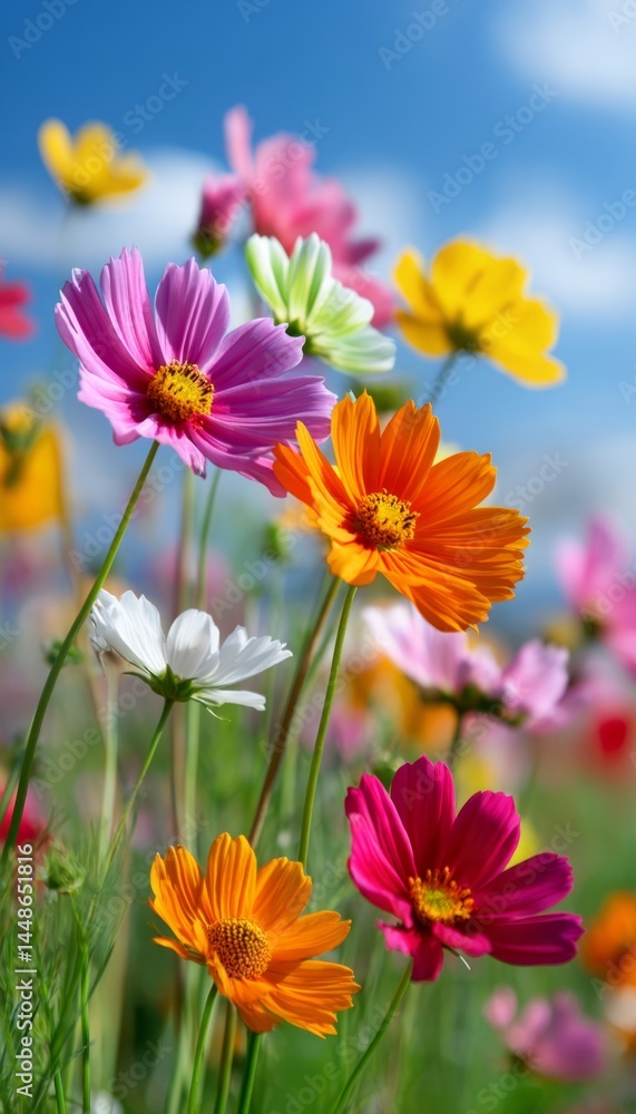 Colorful daisies bloom under the blue sky. Spring flowers, joy of colors, flower meadow, freshness, optimism, natural beauty, colorfulness, clear sky, flowering. Colorful daisies bloom under the blue sky. Spring flowers, joy of colors, flower meadow, freshness, optimism, natural beauty, colorfulness, clear sky, flowering.