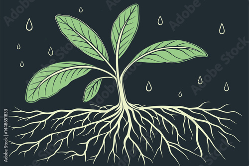 25 Macro photography, vibrant green plant seedling, intricate root system exposed, dark background, water droplets, high contrast, detailed texture, hydroponic growth, botanical study, shallow depth o