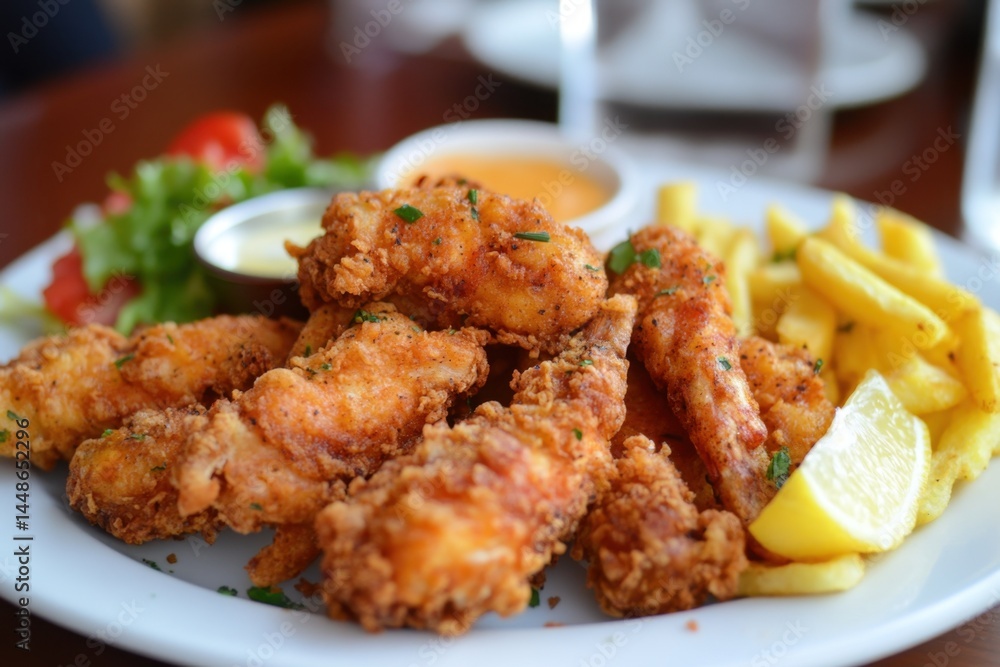 Golden fried chicken tenders served with crispy french fries and lemon wedge on white plate delicious meal Golden fried chicken tenders served with crispy french fries and lemon wedge on white plate delicious meal