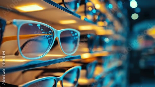Modern glasses shop interior with a variety of eyewear displays. Optical store offering stylish frames, lenses, and eye care products.